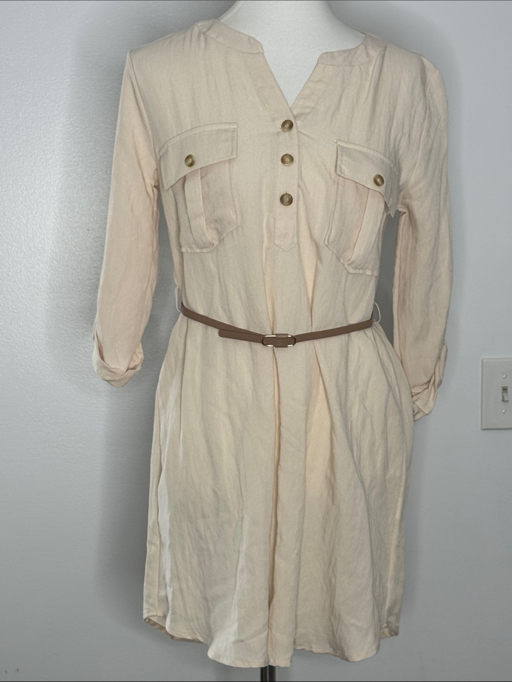 Mine Cream Button-Front Casual Mini Dress/Shirt with Brown Belt
